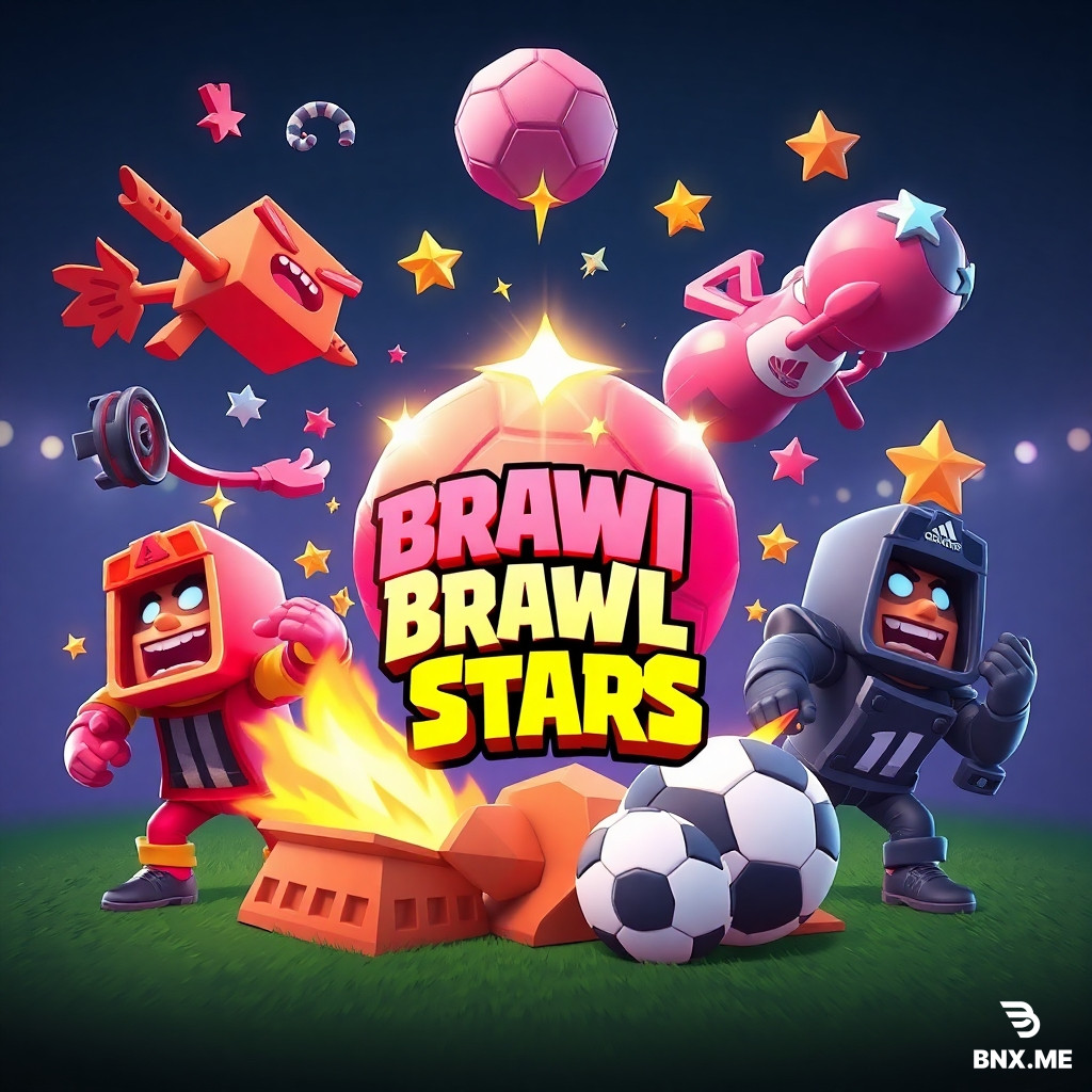 3D-рендер в стиле Brawl Stars, игровая обложка для YouTube, соотношение 16:9. На переднем плане по центру — крупный взрывающийся звездный сундук, из него в разные стороны летят золотые кубки и сверкающие алмазы. На среднем плане по кругу парят эксклюзивные кеды Adidas и футбольные мячи с яркими текстурами. На заднем плане — тёмный нечёткий силуэт геймера с планшетом в руках. Вся левая часть кадра — тёмная, пустая, без объектов и надписей (зарезервирована для крупного заголовка). Динамичный диагональный ракурс снизу вверх. Оранжево-синий неоновый контраст, объёмный глянцевый свет, насыщенные сочные цвета, киберспортивная атмосфера. Без текста, букв, цифр, логотипов, водяных знаков и лишних мелких деталей.