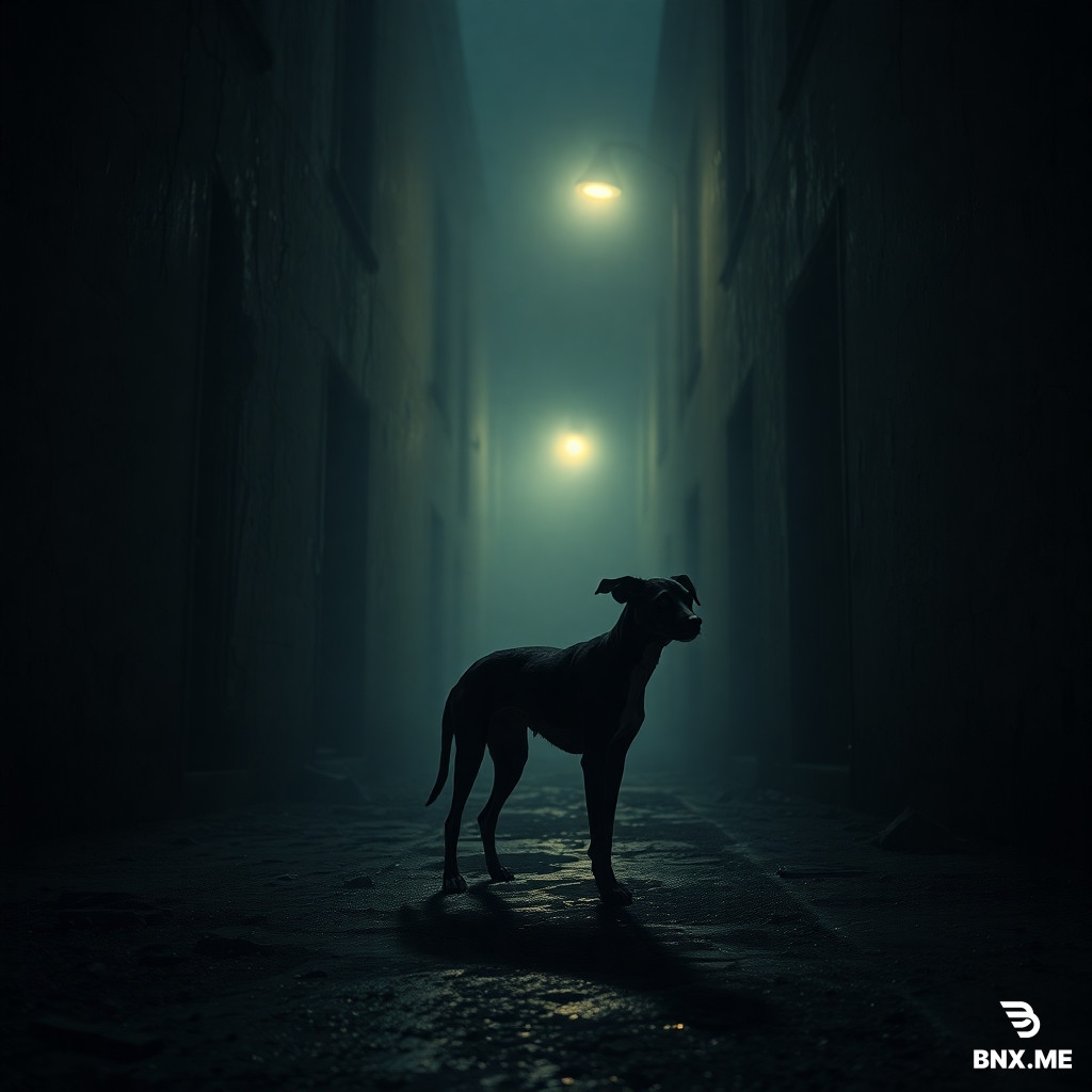 A solitary, emaciated black stray dog standing in the middle of a dark, ruined alleyway at dusk. The walls are cracked and peeling, covered in damp stains and dust. Thick, heavy fog (smog) hangs low in the air, glowing faintly with a sickly yellow hue from a distant, dying streetlamp. The ground is wet, muddy, and scattered with debris. The atmosphere is deeply melancholic, oppressive, and post-apocalyptic. The dog has a sharp silhouette, ribs slightly visible, looking into the distance with a hollow, weary gaze. Style: Cinematic, hyper-realistic, dramatic chiaroscuro lighting, dark ambient, moody, gritty textures, bleak color palette (deep grays, muddy browns, desaturated blues, and a hint of sickly yellow). --ar 2:3 --style raw --v 6