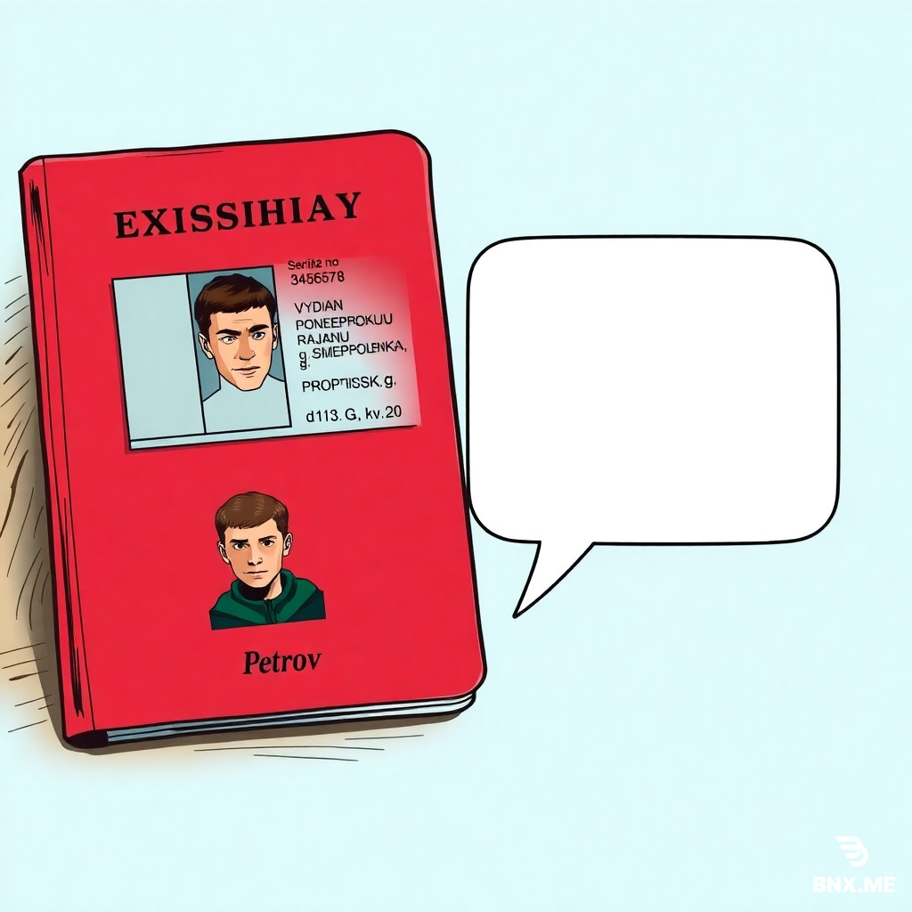 Colorful european comic book style, ligne claire, clear black ink outlines, flat colors. Close-up of an open red Russian passport on a wooden table. Inside: photo of young man, text "SERIJA 1112 No 345678", "VYDAN UMVD PO ZADNEPROVSKOMU RAJONU g. SMOLENSKA", "PROPISKA: g. Smolensk, ul. Popova, d.113 G, kv.20". Next to passport: small color portrait of young man (Petrov, dark green jacket, short dark hair, serious expression). One empty white speech bubble with black outline, completely empty. Background light blue.
