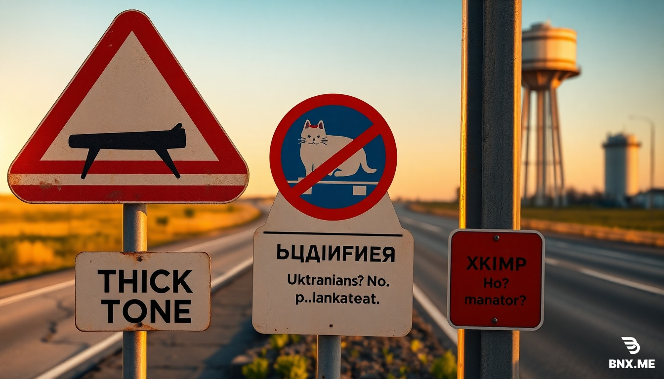 Format: Hyperrealistic photo, 8K, wide shot. A rusty metal pole mounted on a cracked asphalt roadside. On the pole, three stacked road signs (circular, triangular, rectangular) – all weathered, slightly dented, with reflections of evening sun. Background: a typical Russian highway, but in the distance you see a giant humidifier instead of a water tower, and a field of growing sticks (pallets sprouting like plants). Lighting is golden hour, long shadows.  Sign 1 (top, triangular – warning) Shape: Red triangular border, white center.  Icon: A black silhouette of a stick (пaлка) lying horizontally, with a red diagonal line across it (prohibition sign).  Large text below the icon (bold, black, 1/3 of sign height): «STICK THEFT ZONE»  Smaller text at bottom: «Ukrainians? No. Chitors.»  Sign 2 (middle, circular – mandatory) Shape: Blue circle, white border.  Icon: A stylized cat head (Kot Shmyga) wearing a yellow hard hat, one ear bandaged. Next to it, a small avocado with a plus sign.  Large text wrapping around the top of the circle (white, bold): «ALWAYS CARRY AVOCADO»  Bottom text (white, smaller): «Sacrifice to Naetost’»  Sign 3 (bottom, rectangular – information) Shape: Green rectangle with white border.