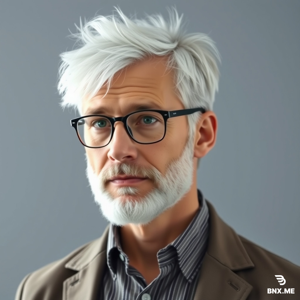Attractive man 30's to 40's messy white hair. Lean build, office siren outfit, reading glasses. Luscious, clean shaven white beard and small side burn. Looks somewhat timid but carries a wise and mostly stable stature.