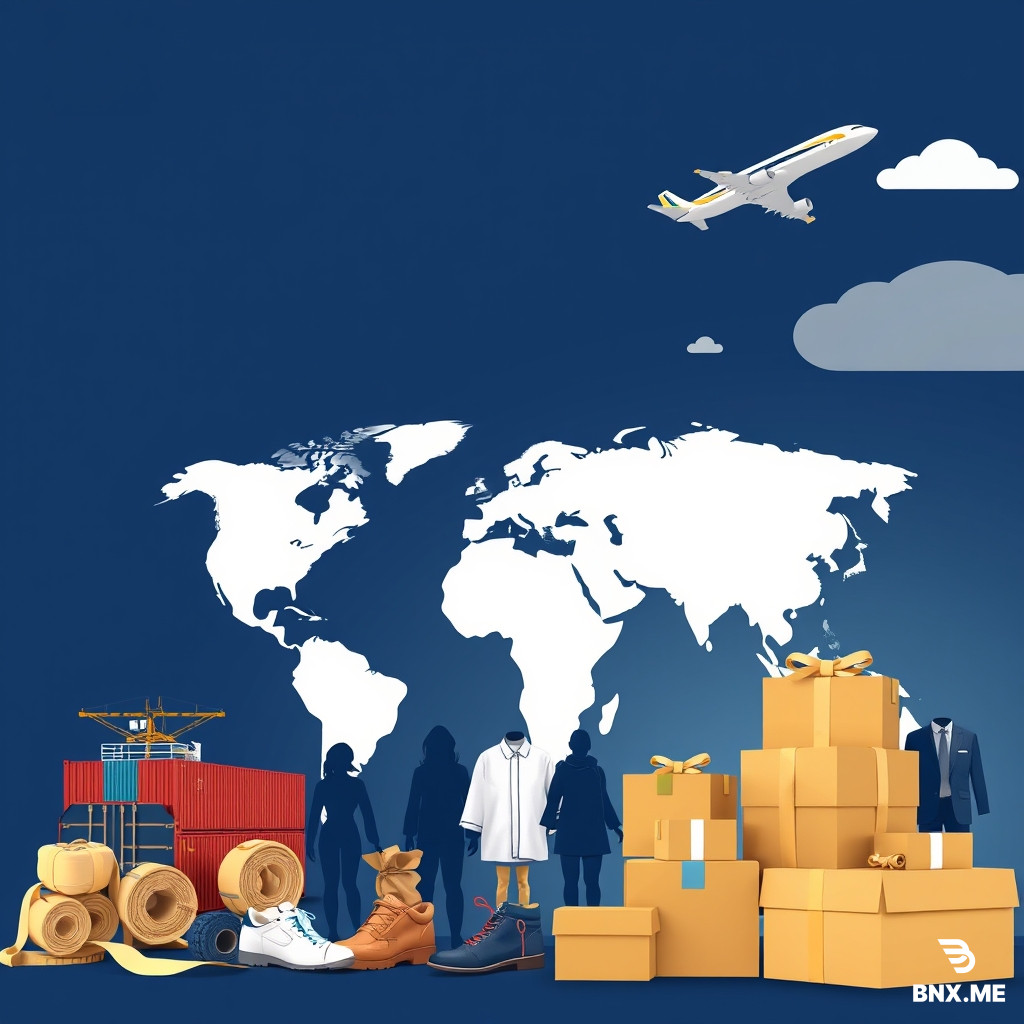 Professional B2B company profile banner, 1440x400 px, aspect ratio 3.6:1, corporate supply chain and export company. Theme: global trade, sourcing, logistics. Visual elements: shipping containers, cargo ship, airplane, world map, rolls of fabric, clothing silhouettes, shoes, boxes. Color scheme: navy blue, gold, white. Clean, modern, minimalist, high-end corporate style. Left side empty space for logo. Right side empty space for contact info. No text, no letters, no watermark. High resolution, sharp, realistic, wide banner.