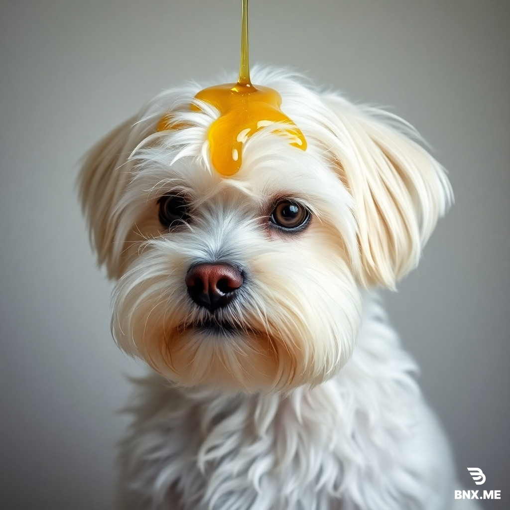 a maltese dog, looking ruffled, with a few drops of macassar oil poured over its head. nothing else