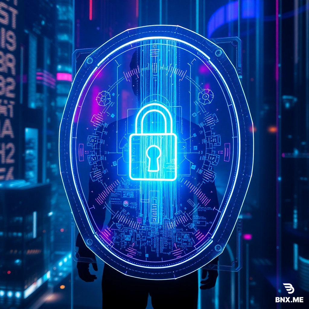 Cinematic shot of a translucent digital glass shield protecting a human silhouette, AI optic nerve scanning a massive data stream waterfall, holographic lock interface, futuristic smart city reflection, cyberpunk blue and neon purple, hyper-detailed, unreal engine 5 --ar 16:9