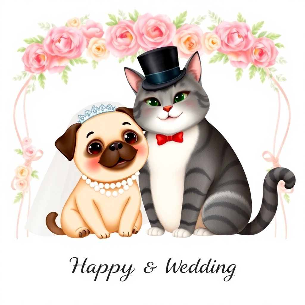 A cute square wedding invitation card illustration, a Disney-style pug dog wearing a delicate white bridal veil and pearl necklace, sitting affectionately next to a Disney-style gray tabby cat with black stripes, a dark gray-black back, and a pure white belly, the cat wearing a classic black top hat and a red bow tie, both animals smiling happily, elegant floral wedding arch in the background, soft pastel colors, watercolor texture, vintage storybook illustration, 2D animation style, highly detailed, charming, romantic atmosphere, white empty space at the bottom for text, 1:1 aspect ratio.