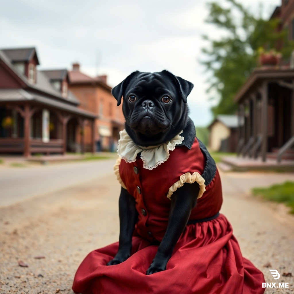 a blck pug. female, sitting down, dog's dress, not black, inspired by a rich merchant in minnesota in 1800 with a backdrop of a road in a small town in minnesota in 1800