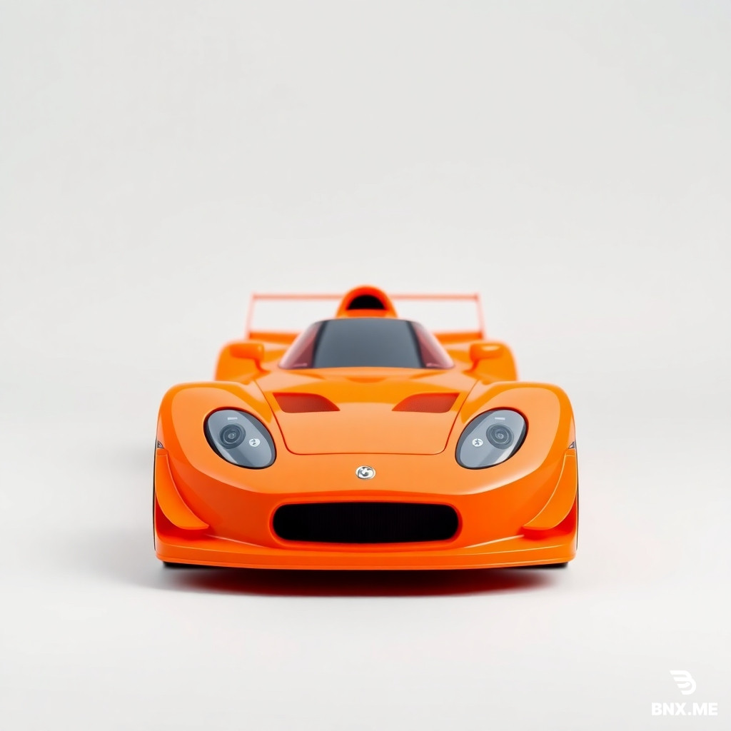 Generate a product photo of a bright toy racing car, front view. The car is neon orange, no logos, no emblems, no text. Diffuse even lighting, no harsh shadows. Solid light gray background, completely uniform. The car is centered. No reflections, no glossy highlights. Clean, flat, studio shot. Square format.