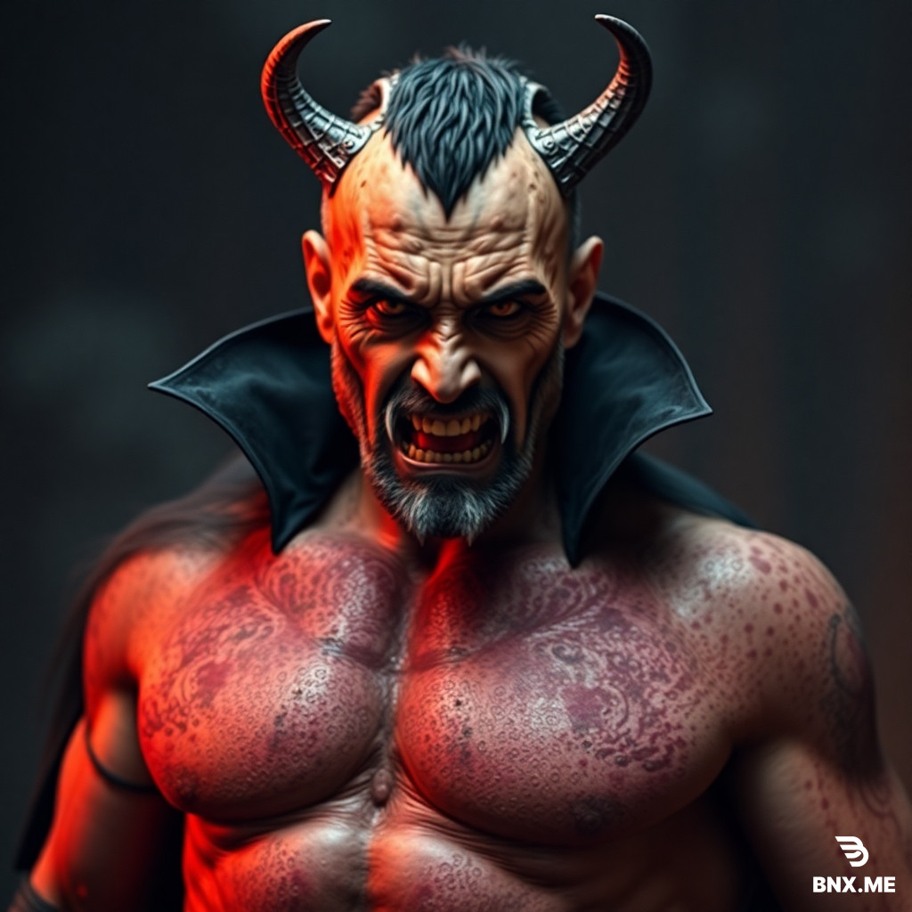 make actor dominic purcell at 34 years old wear the same exact dracula beast form from the film Blade trinity. show his entire body while wearing it