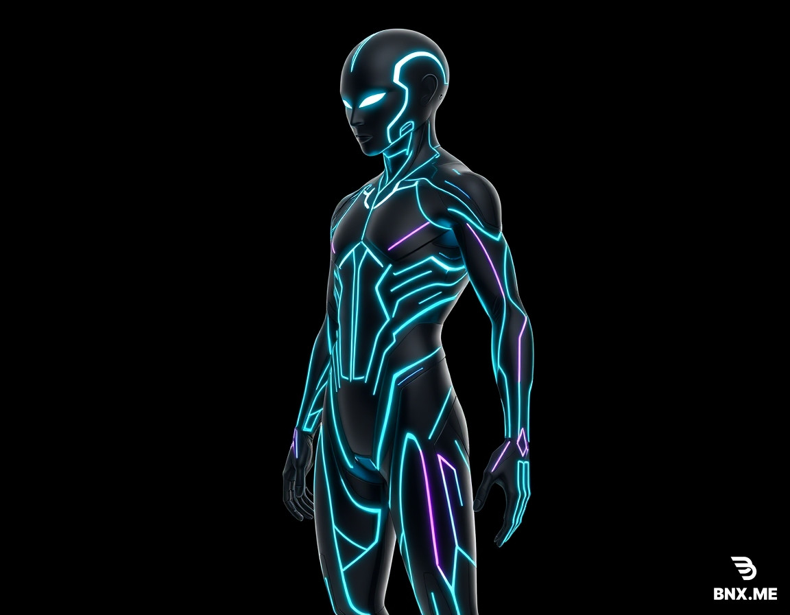 Style: TRON Legacy-inspired, cyberpunk, digital circuitry, low-poly stylized, emissive neon lines, sharp geometric shapes, black base material with glowing cyan and purple energy accents, no organic shapes, no photorealism, clean topology, game-ready asset, T-pose or neutral pose, isolated on pure black background, transparent PNG for 2D, PBR-friendly for 3D. 3D game character, humanoid avatar inside a digital processor, sleek athletic silhouette, dark metallic black body covered with glowing cyan neon circuit lines, smooth spherical head with no facial features, faint white glow where eyes would be, subtle purple energy trail behind, TRON Legacy style, low-poly, 1200 triangles, T-pose, isolated, transparent background, game-ready, PBR. [Universal 3D suffix]