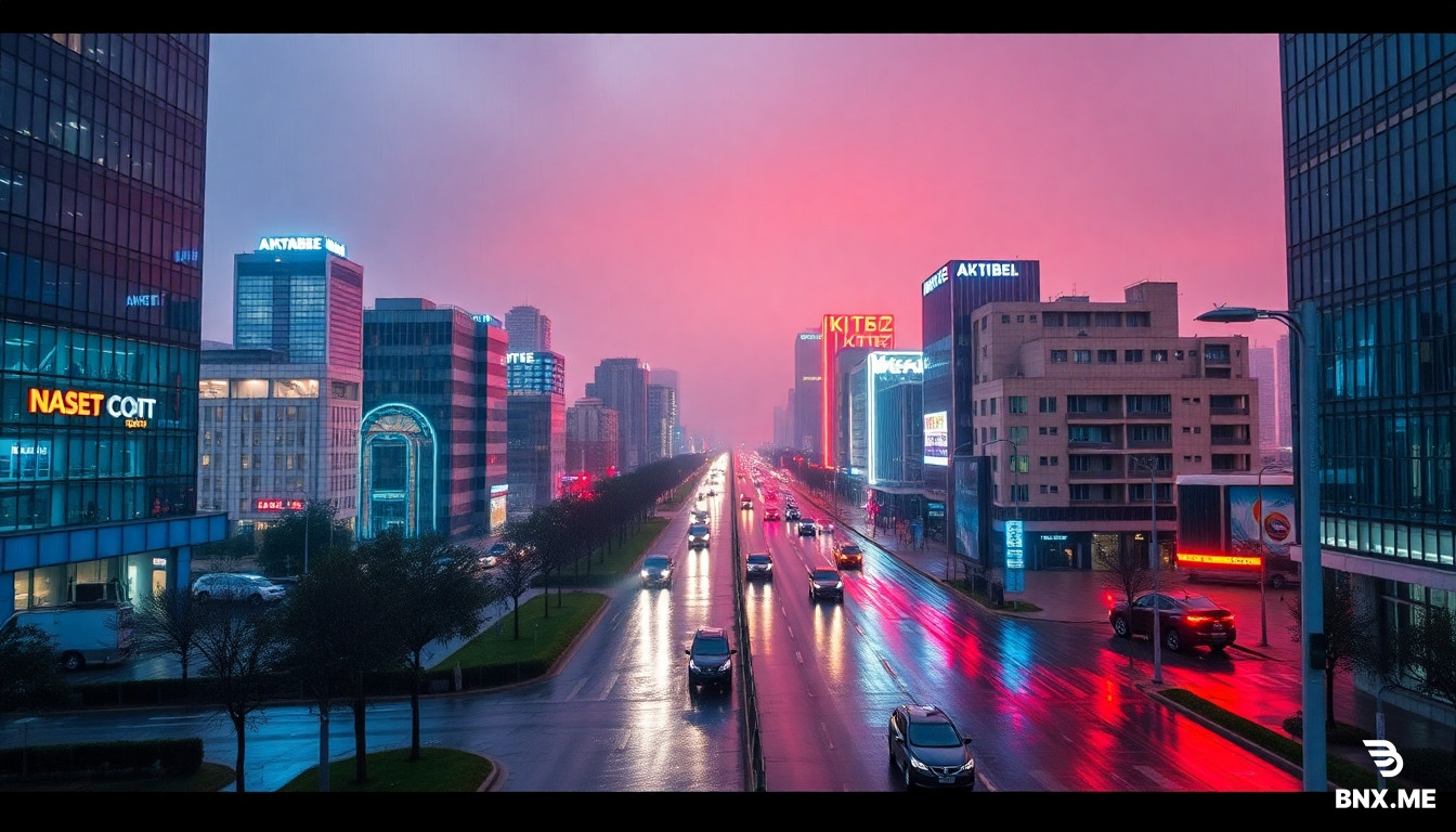 Cinematic wide photo of super modern city of Aktobe, cyberpank theme, everything shiny from rain, a liltle rainy cliamte, city landscape,
