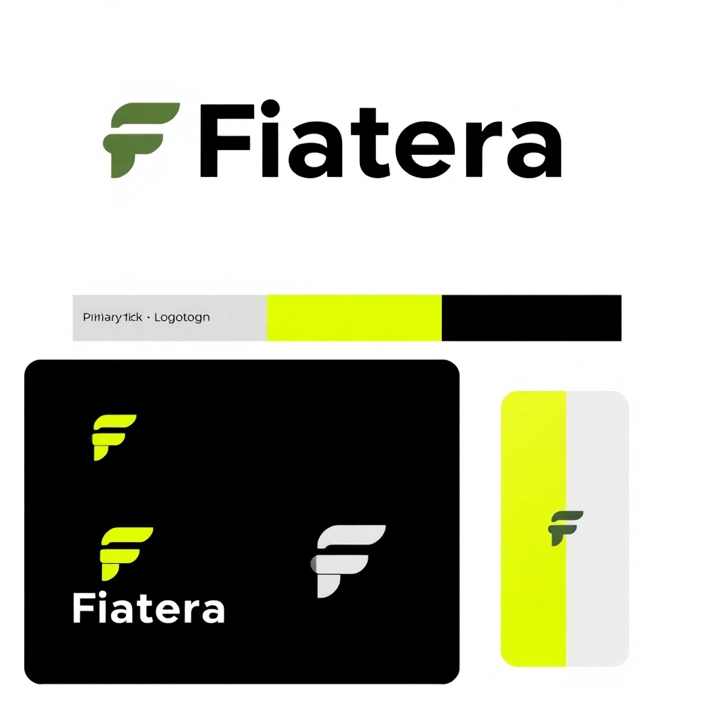 Create a set of high-quality logo concepts for a B2B fintech / crypto off-ramp payment service named "Fiatera". The brand is professional, technological, and international. Produce a clean, modern brandbook-style composition on a white background with three logo variations arranged horizontally or in a 2x2 grid: Primary (wordmark + mark), Logotype-only, and App icon (mark-only). Include small caption labels under each concept with the name of the variation ("Primary", "Logotype", "Mark / App Icon") and show the color palette swatches with hex codes: Carbon Black #0E0E10, Neon Lime #C7FF00, Silver Gray #E5E5E5, and an optional lime-to-white gradient swatch. Use the following design directions:  1) Overall style: - Minimalist, geometric, high-end fintech look; no ornate decorations. - Crisp vector-feel shapes, flat design (no heavy textures), subtle micro-shadows allowed for depth. - Balanced negative space and strict baseline alignment. - Use modern sans-serif letterforms reminiscent of Space Grotesk or Neue Haas Grotesk; kerning tight but readable.  2) Primary variation (wordmark + mark): - Mark should visually express "off-ramp" / "transition" / "bridge" / "exit". Consider: a diagonal off-ramp arrow formed by two parallel lines converging to a single arrowhead, or a minimalist arc/bridge integrated with negative space. - Wordmark "Fiatera" in all-lowercase or capitalized 'F' with clean geometric strokes. Integrate a subtle custom detail in one letter (for example: replace the middle bar of 'E' with three thin horizontal lines, or make the 'A' apex a small gap reminiscent of a gateway). - Color: wordmark in Carbon Black #0E0E10, mark accent in Neon Lime #C7FF00.  3) Logotype-only variation: - Stylized "Fiatera" wordmark without separate mark; emphasize one typographic modification that can serve as a brand hook (like a sliced 'A' or a trailing lime dot after the 'a' representing conversion). - Prefer horizontal layout suitable for headers.  4) Mark / App Icon: - Square-friendly, simple, highly legible at 16–64 px. - Avoid intricate inner details; prefer bold geometric strokes. Options: monogram 'F' formed by negative space that creates an off-ramp, or a compact symbol of pixels → line (dots morphing into a solid stroke). - Use Neon Lime #C7FF00 on Carbon Black #0E0E10 or white background variations.  5) Layout and presentation: - White background. Each logo variant should be placed in its own tile with a short descriptive caption (1–2 lines) under it describing the idea ("Off-ramp arrow — transition from crypto to fiat", etc.). - Include a small palette strip (three swatches with hex codes) at the bottom or side of the page and a sample line showing the optional gradient ("#C7FF00 → #FFFFFF"). - Provide versions in: full-color on white, inverted dark-bar mockup (dark strip showing inverted logo), and an isolated SVG-like flat version.  6) Visual tone and DOs / DON'Ts: - DO: clean geometry, high contrast, scalability, professional fintech appearance. - DO: emphasize clarity and legibility at small sizes. - DON'T: neon-glow effects, script or decorative fonts, generic crypto clichés (no skulls, coins with Bitcoin symbol, cartoon rockets). - DON'T: overly complex gradients or photorealistic textures.  7) Output specifics: - High-resolution PNG(s) and an SVG-style flat vector look. Center composition, generous whitespace. - Provide 3–6 distinct concept variations within the same image (each clearly labeled) so a designer can pick a direction.  End result: a polished brandbook page showing 3 distinct, professional logo directions for "Fiatera" (Primary, Logotype, Mark), color swatches with hex codes, short captions, and a clean white background. Prioritize a B2B fintech aesthetic: strict, technological, and international.