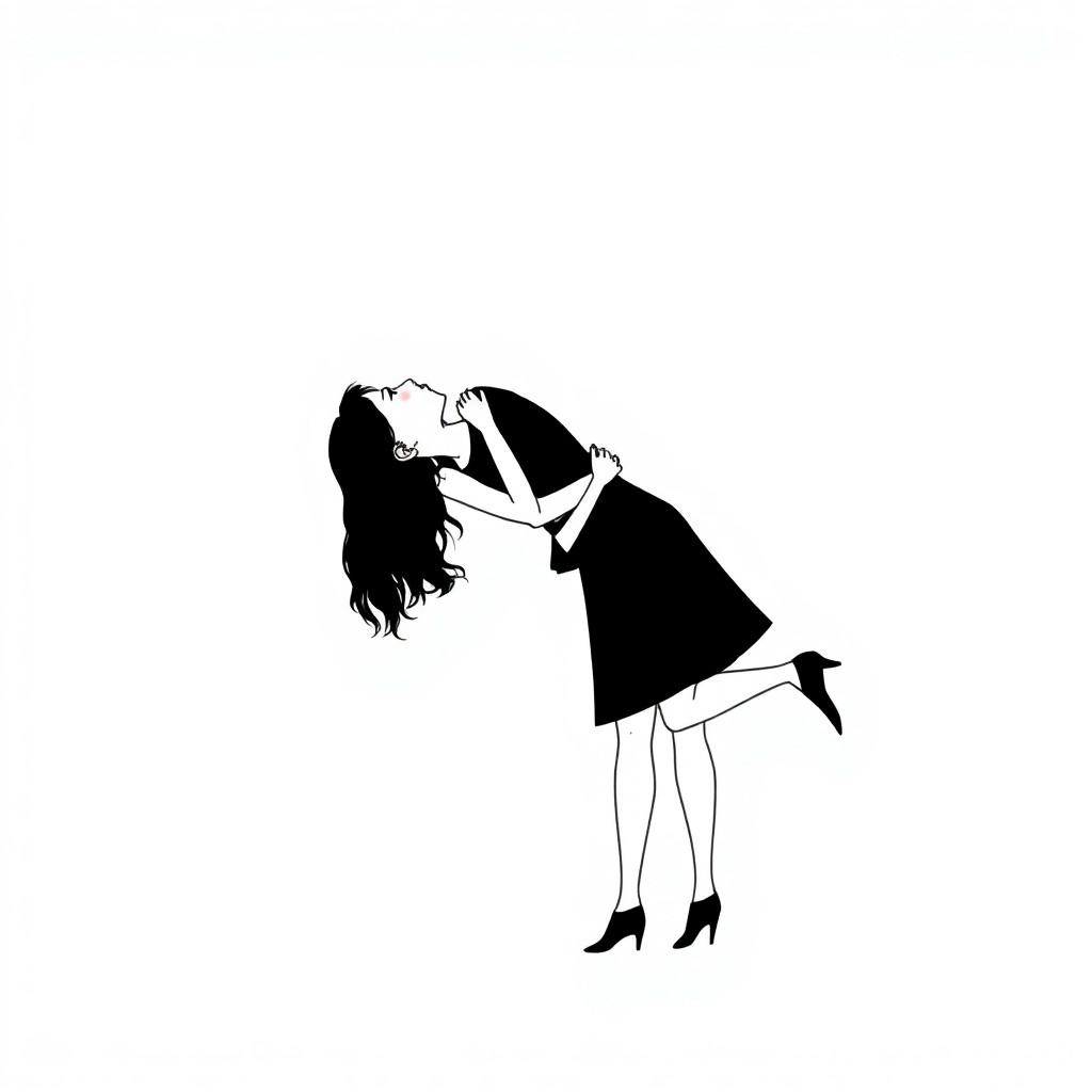 A black and white minimalist line art drawing of two silhouettes embracing intimately, one above the other, kissing. Artistic style, elegant, abstract. No visible genitalia, censored by composition.