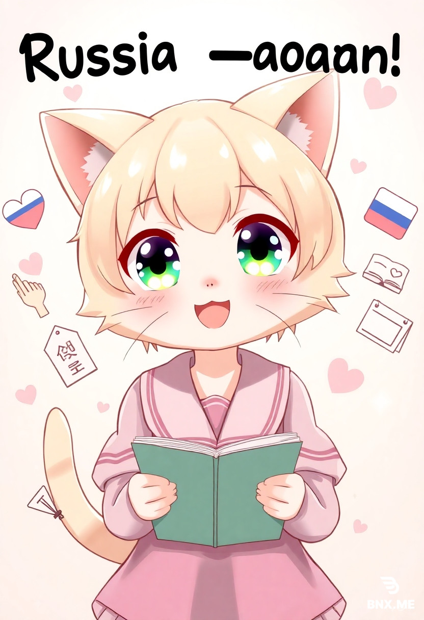 A cute anime cat girl with big sparkly eyes, studying [Russian language], surrounded by floating magic symbols and typical school items related to [Russian Language]. She is wearing a cute Japanese school uniform, smiling. The background is a soft pastel gradient with sparkles and hearts. Shoujo manga style, pastel colors, highly detailed, soft lighting, adorable, kawaii --ar 2:3