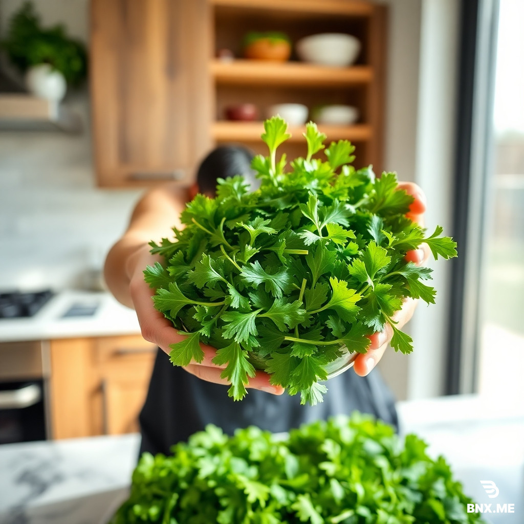 A person preparing or holding a fresh green salad in a modern kitchen, filled with spinach, arugula, and parsley, with bright, natural light streaming in through a window.