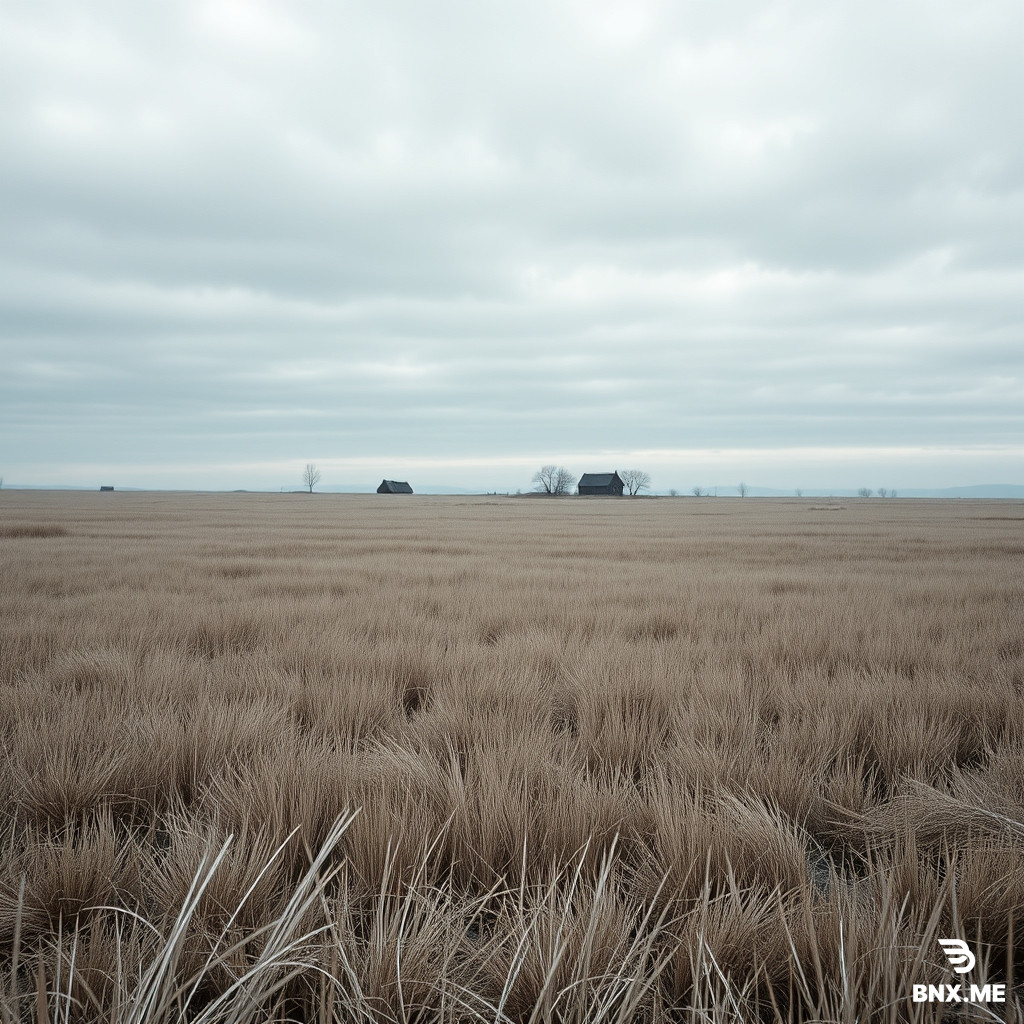 A vast empty snowless winter plain covered with tall, dry, gray-brown winter grass. The grass is dense and continuous, knee-high in the foreground with some blades waist-high, gradually becoming shorter toward the distance to create depth. Blades bend slightly in a cold breeze. Natural density, soft fine texture, visible individual blades, not short, not mowed, not stubble, not sparse, not in clumps. The ground is uneven and undulating with low rolling ridges, shallow dips, and soft rises and falls. In the far middle distance, a small cluster of old, simple, dark wooden houses. Bare black trees scattered sparsely. Low mist in the hollows. Sky: layered soft gray clouds with varied tones, darker and lighter patches, hints of pale blue-gray, not black, not flat. Cold blue overcast light, even and diffused, no strong bright patches, no harsh shadows, no warm sunlight. Muted desaturated palette: slate gray, ash gray, pale blue, dark brown, faded black. Faded nostalgic atmosphere, soft haze, subtle film grain. Ultra high resolution, 8k, sharp focus, detailed grass texture, realistic textures, natural lighting, RAW photo, professional landscape photography, masterpiece, best quality. No people, no cars, no modern objects, no bright colors, no warm lights, no snow, no frost, no ice, no white ground, no flat ground, no smooth lawn, no carpet grass, no isolated grass tufts, no short grass, no mowed grass, no stubble, no blurry, no low quality, no close-up of a single house. Photorealistic, cinematic, 24mm wide-angle lens, f/8, deep focus,