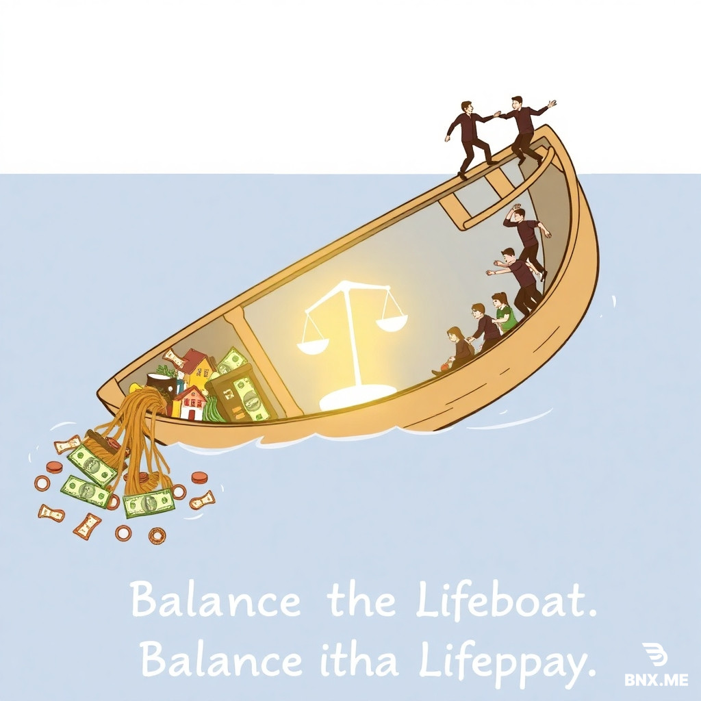A simple, powerful illustration of a rowboat tilting dangerously to one side. On the lower side, money, food, and housing are sliding overboard. People are rushing to the other side of the boat, trying to balance it. In the center, a glowing scale labeled "Positive Energy" is visible. The title "Balance the Lifeboat" is faintly written in the water. The mood is urgent and hopeful.