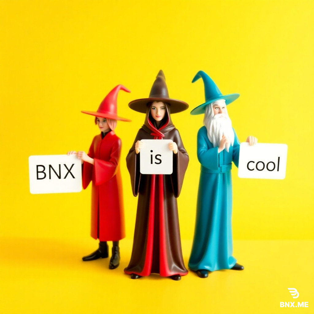 Three magical wizards standing on a yellow table, each holding a sign. On the left, a wizard in black robes holds a sign that says ‘BNX AI’; in the middle, a witch in red robes holds a sign that says ‘is’; and on the right, a wizard in blue robes holds a sign that says ‘cool’