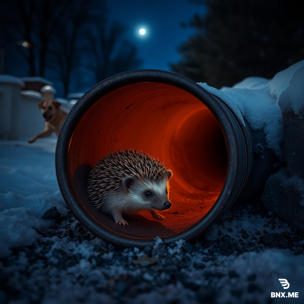 a hedgehog is hiding in a drainpipe with a friendly dog lurking nearby on a cold winter night