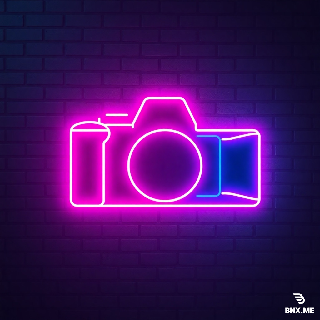 Neon sign logo for a photographer. The silhouette of a camera body or lens shape drawn in glowing magenta and cyan neon tubing. Realistic light bloom and haze effect on a dark charcoal brick wall background. Cyberpunk edge, music venue vibe, high resolution, ultra detailed --ar 2:1