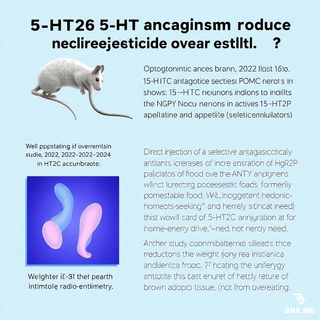 why does 5-HT₂C antagonism produce selective overeating? 	Optogenetic and pharmacologic studies in mice (2023–2024) showed that 5-HT₂C antagonism specifically inhibits POMC neurons in the hypothalamus and activates AgRP/NPY neurons (appetite stimulators). 	In Cell Reports (2024), a study was published showing that direct injection of a selective 5-HT₂C antagonist into the nucleus accumbens increases consumption of highly-palatable food without altering homeostatic hunger; i.e., this pathway primarily enhances hedonic (pleasure-seeking) drive for food, not merely energy need. 	Another study combining chemogenetic silencing and metabolic radio-telemetry (2024) revealed that part of the weight gain resulting from 5-HT₂C antagonism also originates from a reduction in basal energy expenditure (via inhibition of brown adipose tissue), not only from overeating.