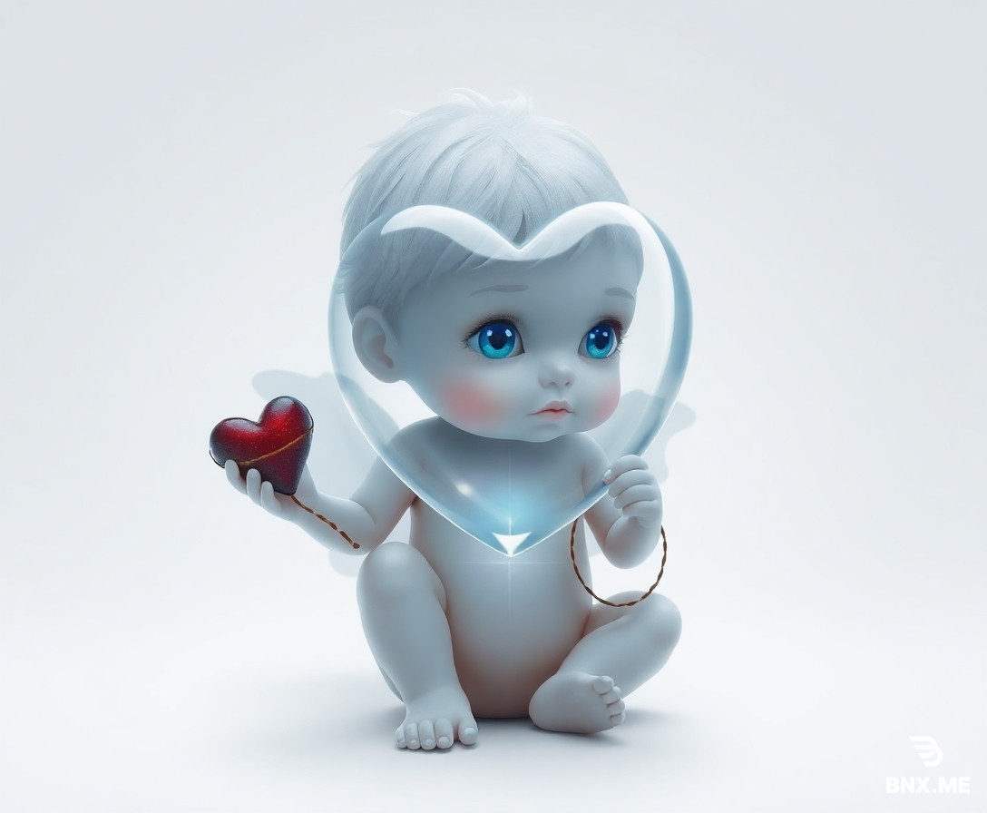 Niño pequeño, fantasmagórico, blanco inmaculado sobre lienzo blanco limpio no se ve ninguna marca de lapicero. Sostiene un globo cristal trasparente muy grande con forma de corazón. Sus ojos son de un azul profundo cristal o marrón oscuro, vivos, que miran más allá del lienzo. Lleva un juguete roto, descosido, con un leve destello de color (rojo o amarillo). Su postura es encogida, como si esperara algo que nunca llega. Sutileza extrema, silencio magnético, ternura rota
