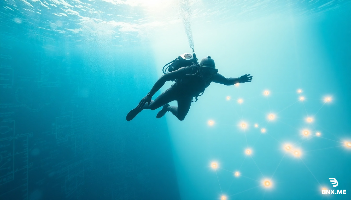 A cybernetic diver in a sleek suit descending through vertical layers of reality. Above: a chaotic surface world of words, clocks, and "gravity" as visible ropes pulling objects. As the diver descends deeper, the water transitions from murky metaphorical blue into geometric clarity — mid-layers show mathematical grids and probability fields. Near the bottom (L0): the diver floats in a pristine, white vacuum where only raw events exist as glowing golden nodes connected by red causal threads. The "water" here is transparent pure logic. Cinematic underwater photography style, caustics lighting, particle effects, hyperrealistic, anamorphic lens flare, sense of profound revelation and clarity.