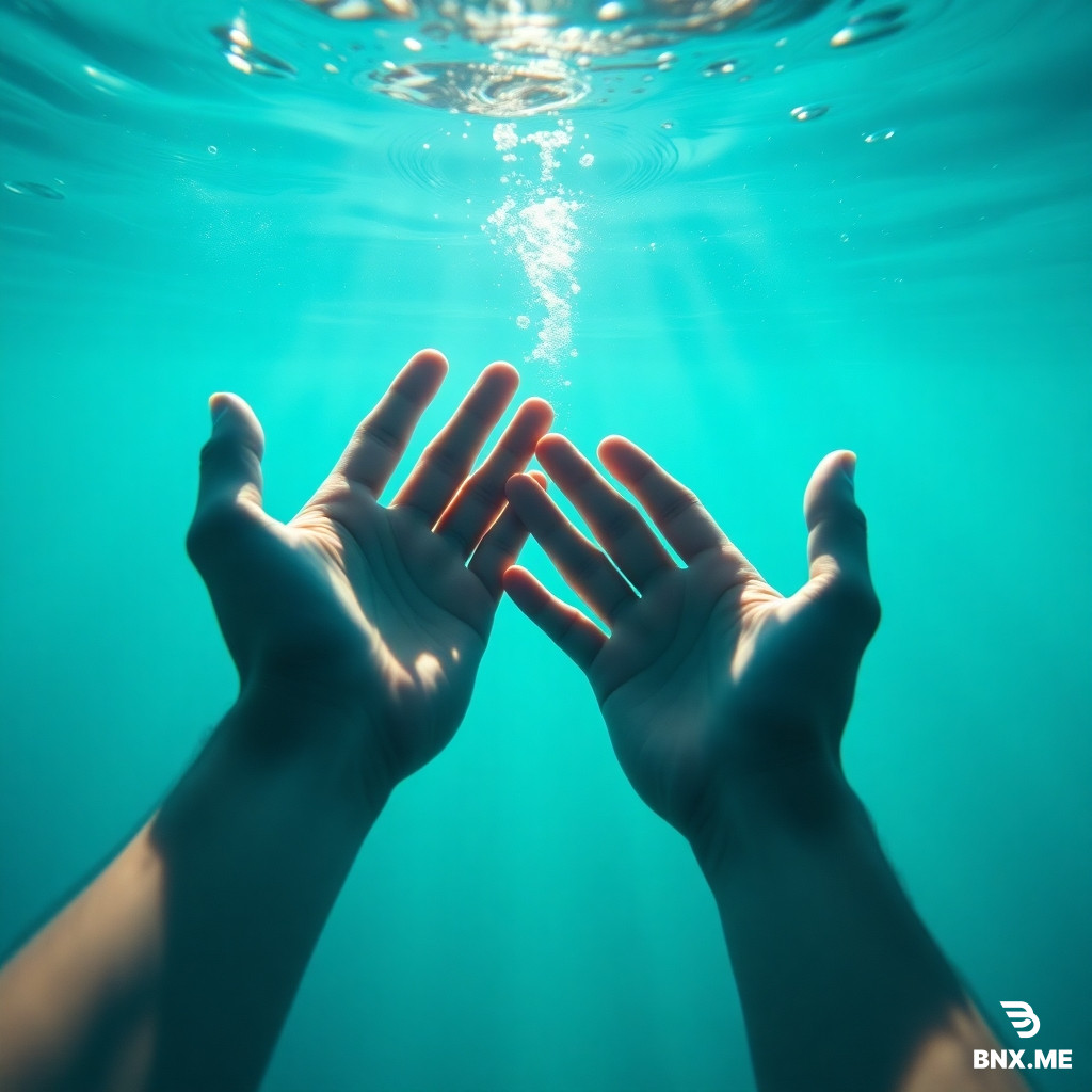 an underwater cinematic scene showing two hands almost touching beneath a turquoise surface, light rays penetrating the water, small bubbles rising, symbolizing trust, depth, and connection beyond what is seen — emotional slow-motion shot, soft camera drift, realistic underwater lighting, glowing turquoise hues, ultra-realistic 8k, poetic and immersive mood, Swiss precision aesthetics