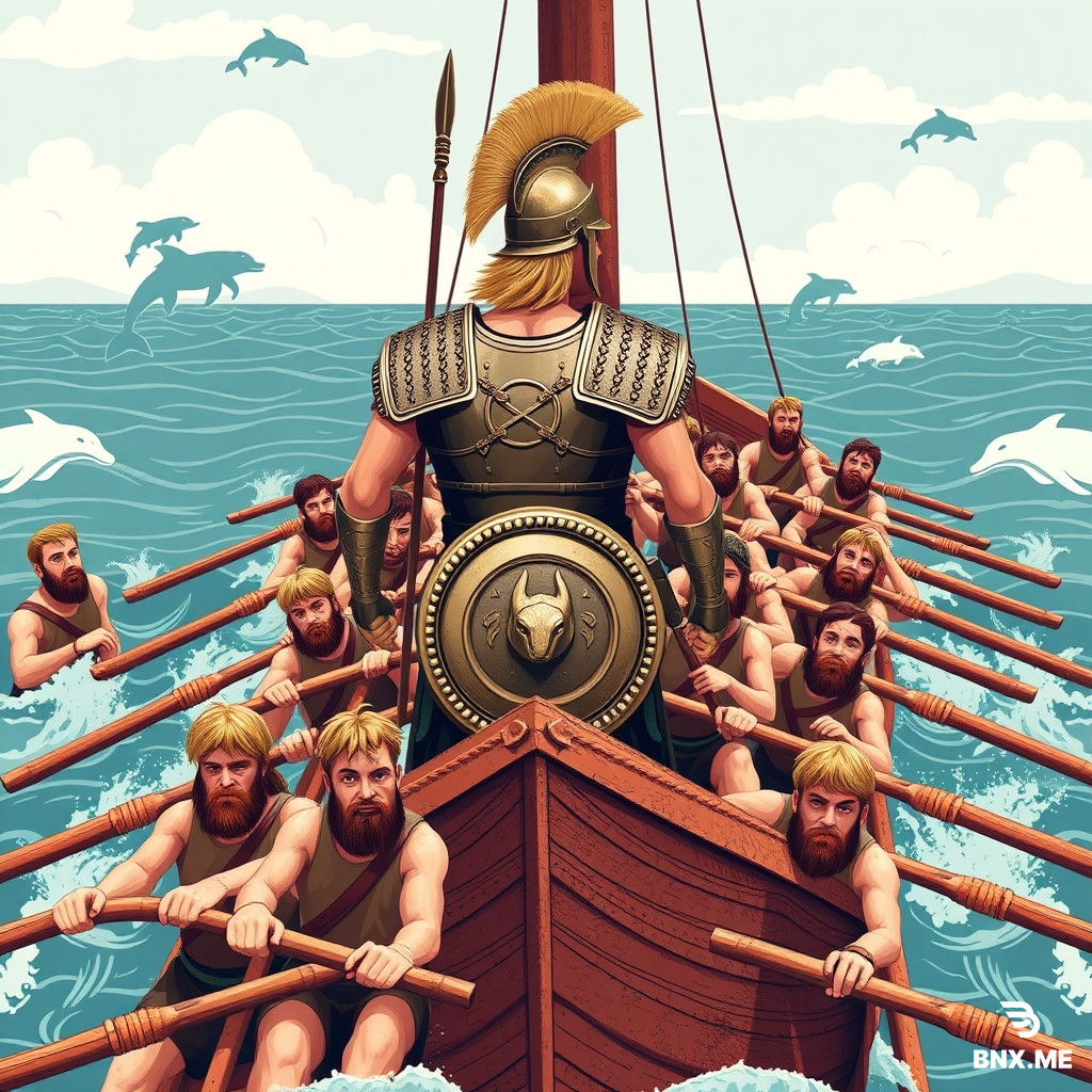 A flat seamless decorative pattern for a video game texture, inspired by Homer's Odyssey. Full scene: Odysseus in his iconic armor standing at the stern of a Greek trireme, commanding his crew — rowers pulling oars in synchronized motion on both sides of the ship, sweat and effort visible. Sea surrounds the vessel with stylized Greek waves, dolphins, and a distant Cyclops silhouette.  Odysseus details: Wearing a Corinthian helmet with a tall horsehair crest, a bronze muscle cuirass (chest plate) with the Gorgoneion (Medusa head) emblem on the chest, decorated greaves (shin guards), and a round hoplite shield (aspis) leaning against the mast. He holds a spear and looks back toward his men.  Crew details: Multiple bearded Greek warriors in simple tunics, seated in two rows, gripping long wooden oars, water splashing at the blade tips. Their faces show exhaustion and determination.  Artistic execution to hide digital origin: Rough hand-drawn sketch style, uneven brush strokes, slightly asymmetrical lines, visible pencil under-drawing, paint bleed and smudges, textured paper canvas overlay, imperfect color fillings, faded edges, vintage cracked paint effect, scratches and dust specks on the surface, non-uniform line thickness, dry brush texture, watercolor paper grain, scanned illustration look.  Style: Ancient Greek black-figure and red-figure pottery reimagined as a mixed media painting on aged parchment. Colors: weathered terracotta orange, matte charcoal black, faded bronze/gold, oxidized copper green, and diluted Aegean blue.  Technical constraints: Strictly 2D flat square image, no 3D perspective, no weapon model, no gun shape, no curved surfaces, no shadows, no gradients, no depth. Tileable horizontally and vertically. Resolution 2048x2048, flat UV map style.