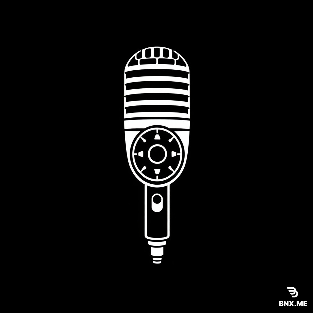 Creative logo icon for a live music photographer. A minimalist line drawing of a classic handheld vocal microphone (SM58 shape). The circular grille of the microphone is designed with camera lens elements and aperture blades. Clean geometry, vector art, sophisticated, black and white, concept design --no text, no realistic shadows