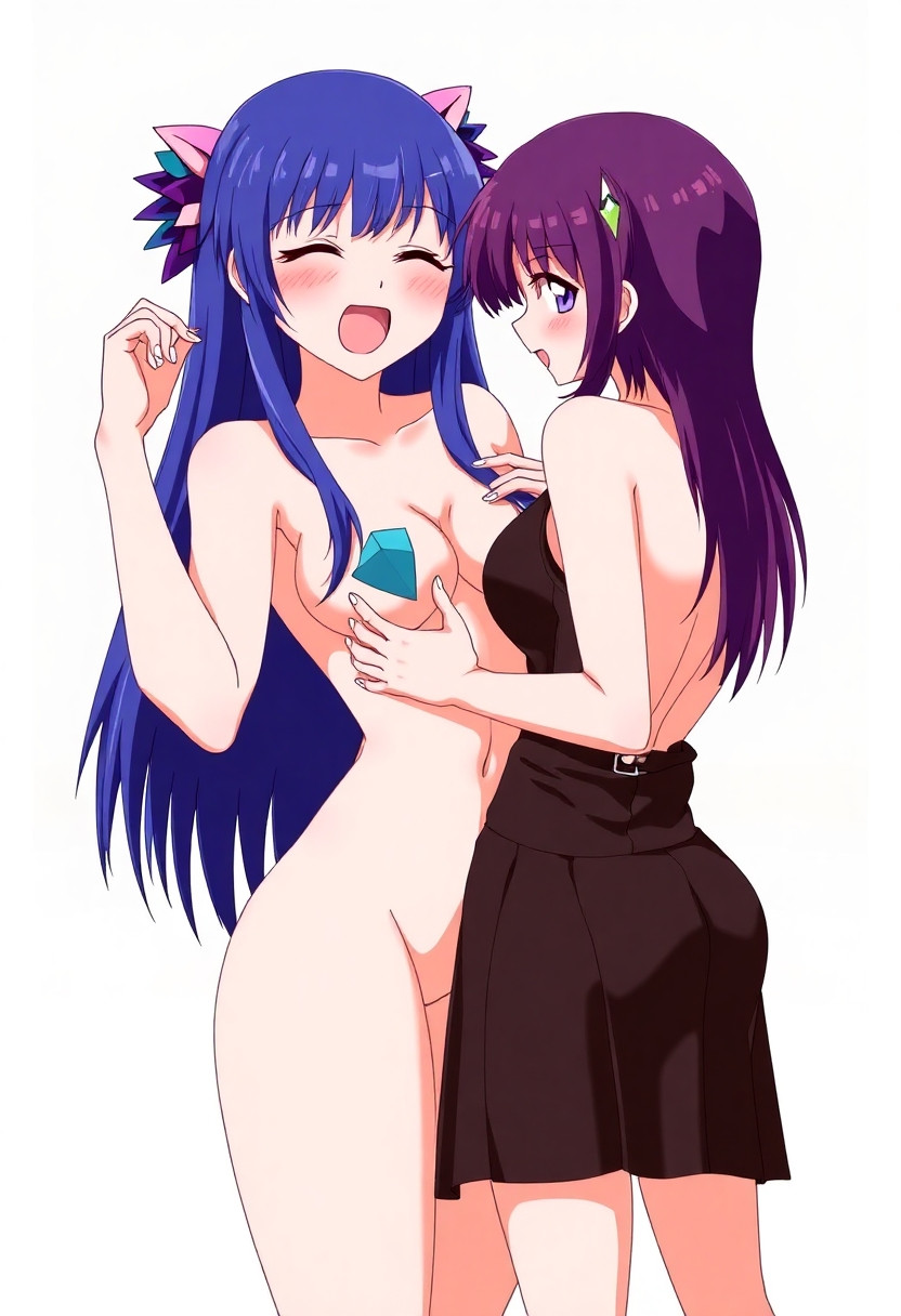 2 girls, Xenovia Quarta from Highschool DxD, Akeno Himejima from Highschool DxD, visible nipple, nude, standing, Xenovia moaning, Akeno Himejima smile open mouth, blush, Akeno Himejima grabs Xenvoia breast from behind with right hand, Akeno Himejima touches Xenvoias pussy down from behind with left hand, anime style