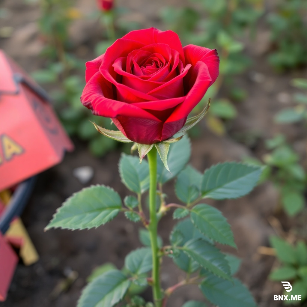 Make me a picture of a red rose used to introduce agricultural equipment and write its name: Hussein.