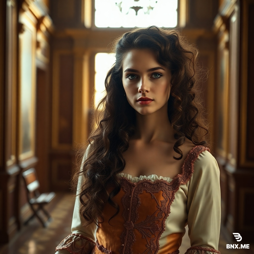 a 25-year-old woman with long curly hair, royal dress, calm expression in an old European palace hall with soft daylight in the style of Renaissance painting soft dramatic lighting, gold and cream color palette high details, realistic skin texture, 8K camera angle: medium shot mood: elegant and historical aspect ratio 4:5  Negative prompt: no distortion, no low detail, no modern clothing, no extra fingers