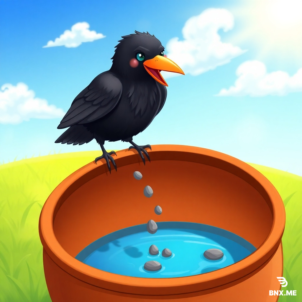 A thirsty black crow standing on the edge of a large brown clay pot, dropping small gray pebbles into the pot. The pot has a little bit of blue water inside. Bright sunny day, green grass background, blue sky with white clouds. Children's storybook illustration style, colorful, cartoon style, warm lighting, high quality, 4K, PNG, transparent background
