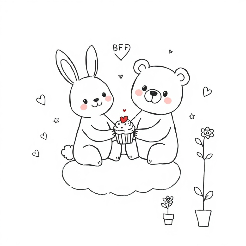 A hand-drawn black-and-white doodle sheet showing two smiling animals (a bunny and a bear) holding paws, sharing a tiny cupcake, sitting on a cloud. Around them: little heart speech bubbles saying "BFF", small stars, a friendship bracelet, and two flowers growing from the same pot. Kawaii style, thin uneven lines, simple and childlike, white background with soft pastel accents.