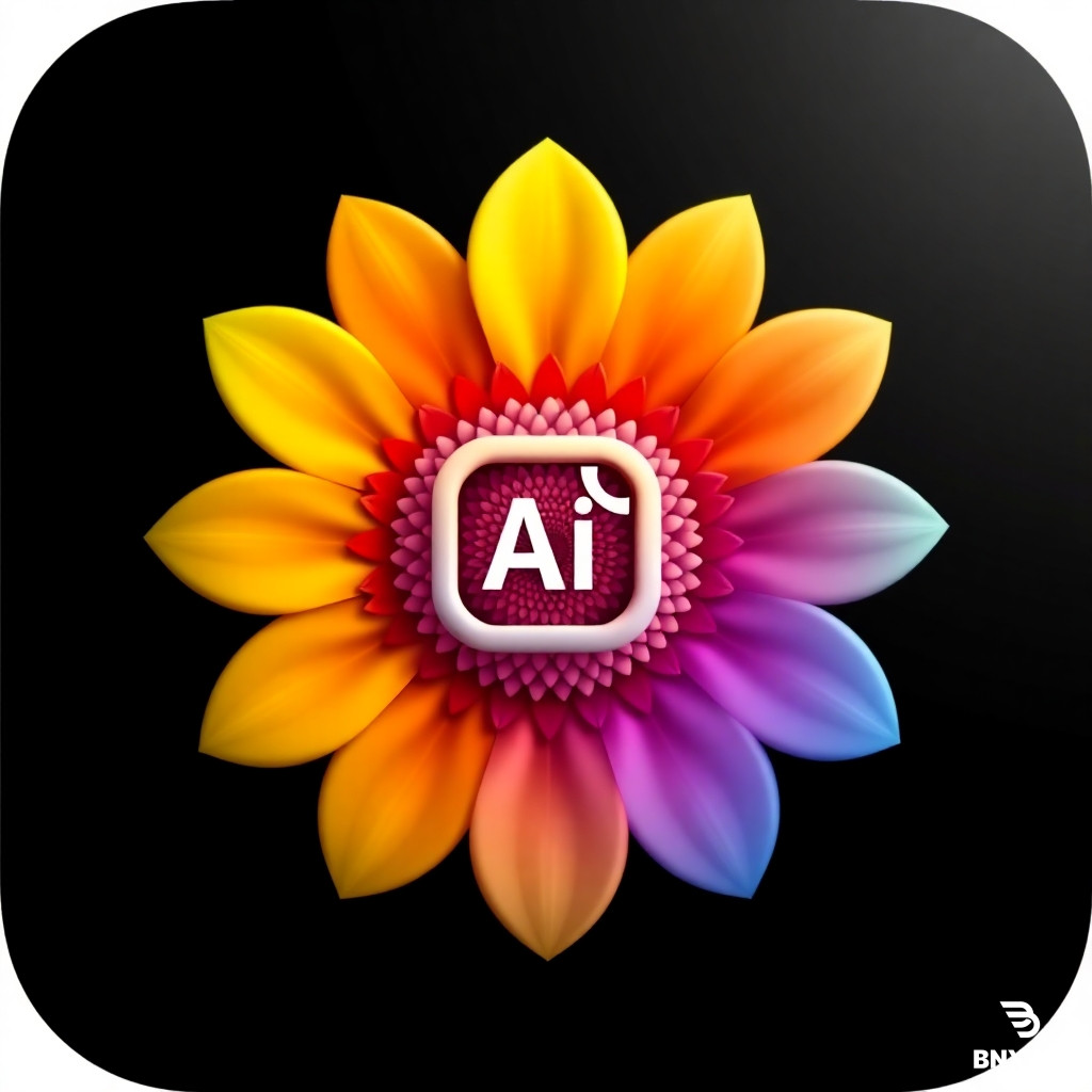 A futuristic app icon design: The official Instagram camera logo is completely transformed into a sunflower with exactly 6 symmetrical, rounded petals arranged in a perfect hexagonal circle. The petals smoothly transition through the full official Instagram brand gradient colors: light yellow, light orange, orange, red-orange, red, dark pink, magenta, purple, blue, and royal blue, rotating harmoniously around the center. At the very center, instead of a simple circle, there is a highly detailed sunflower seed texture (a spiral of tiny seeds) forming the base. Embedded within this seed texture, perfectly centered, is the exact shape of the Instagram app icon (the camera outline) but constructed entirely from the seed pattern itself. Inside the camera shape, the text 'AI' appears in a sleek, minimalist, italic, thin, white font, seamlessly integrated into the seed texture. The background is dark and transparent. High resolution, 3D render, glossy finish, modern vector icon style, ultra-detailed, 8k."