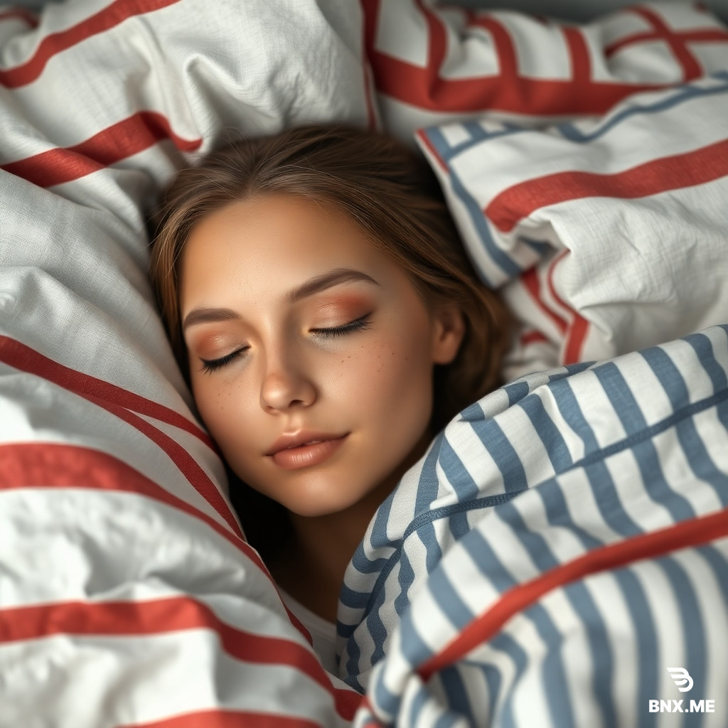 Same model with identical facial features, natural freckles, soft warm undertone, and relaxed facial geometry - lying in bed, peacefully asleep, partially covered under striped bedding. only the upper half of her face visible, eyes closed gently, expression calm and resting. a few soft strands of hair fall loosely across her forehead. pose & details:model sleeping on her side, head resting comfortably against a striped pillow. one hand tucked near the pillow, barely visible, soft breathing indicated by the gentle relaxation of her eyelids and cheek muscles. bedding & environment:bedding features bold striped patterns - red and white stripes on the pillows, blue and white stripes on the duvet - slightly wrinkled fabric with natural cotton texture, warm, homey morning atmosphere. minimal background, just the bed surface and layered pillows. lighting:iPhone 15 Pro natural ambient lighting from a window outside the frame soft diffused daylight creating even skin tones with no harsh shadows. subtle highlights on hair strands and pillow folds, overall cool-toned, cozy indoor illumination. realism & texture:hyper-realistic skin texture visible even with eyes closed; natural tiny creases around eyelids. hair slightly tousled from sleep. crisp textile detail in bedding - woven cotton structure, stitching, wrinkles, and shadow gradients. tone & mood:gentle, intimate, peaceful, authentic morning moment. warm domestic aesthetic, quiet and comforting - like a candid snapshot taken by someone close. aspect ratio 4:5 - soft, calm, hyper-realistic bedroom portrait.