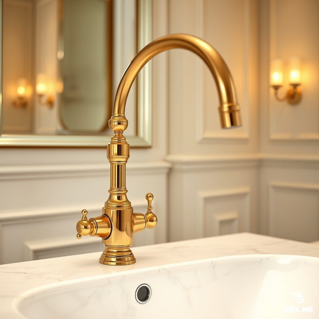 Gold brass piano style bathroom sink faucet, luxury design, tall curved spout, white marble basin, elegant bathroom setting, warm lighting, no text, high-end fixtures, photorealistic detail --ar 3:4