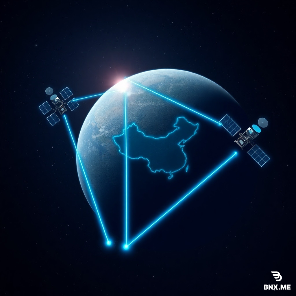 Deep space, Earth visible in the background. Three BeiDou satellites arranged in a triangular formation, each connected by glowing neon blue data beams forming a mesh network. One satellite near the Earth is sending a concentrated beam of data down directly onto the map of China (mainland outline visible). No ground stations elsewhere on Earth. The satellites have solar panels and small antenna dishes. Starfield background, dark navy blue tones with cyan and gold accents. Futuristic scientific illustration, ultra detailed, 4K, wide angle.