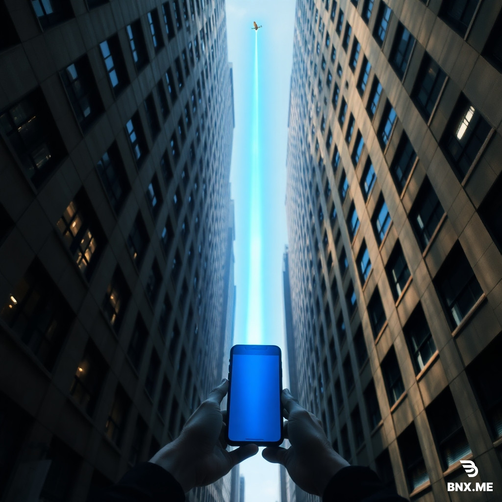 *Low-angle view from a deep street between two skyscrapers (urban canyon). A beam of blue light comes straight down from a high-orbit satellite above, piercing through the narrow gap and hitting a smartphone held by a person. Surrounding buildings have windows and shadows. The satellite is visible in the sky as a faint golden dot with a downward beam. Photorealistic, dramatic lighting, 4K, cinematic composition.*