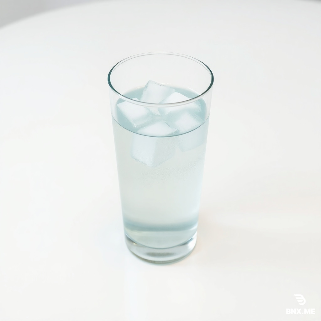 A clear glass of water on a white table. The glass is half full. Ice cubes inside. No straw. No lemon. No coaster. No shadow under the glass. No reflections on the table. No background objects. Pure white background only. Photorealistic.
