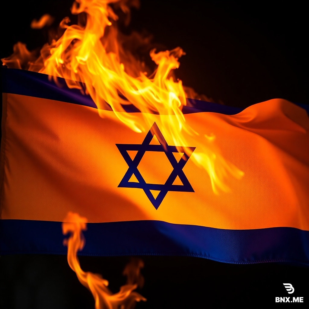 A picture of the Israeli flag burning more fire take out watermark