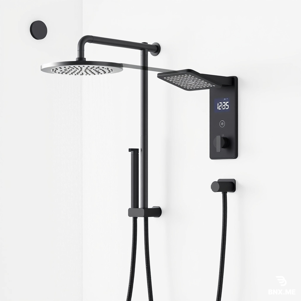 Minimalist black matte piano key thermostatic shower system with LED digital temperature display, rainfall showerhead, handheld shower, wall mounted, pure white background, no text, no logos, professional product photography, modern bathroom fixture, sleek design, 8k resolution, poster style --ar 2:3