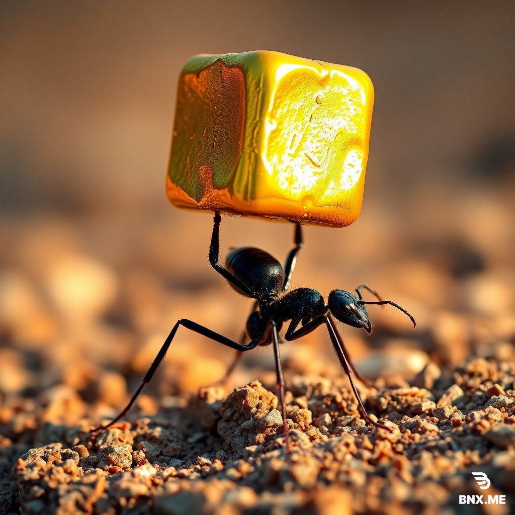 A hyper-detailed macro photograph of a black ant standing on rough textured ground, dramatically lifting a massive golden cube above its head. The cube shimmers with metallic brilliance, reflecting warm sunlight in shades of gold and orange, contrasting sharply against the ant’s glossy black body. The rocky ground is blurred into soft bokeh, emphasizing the heroic scale of the ant’s feat. The image radiates strength, determination, and surreal wonder, blending natural insect photography with a fantastical twist of treasure and power. Ultra-realistic textures, cinematic focus, with glowing highlights on the gold.