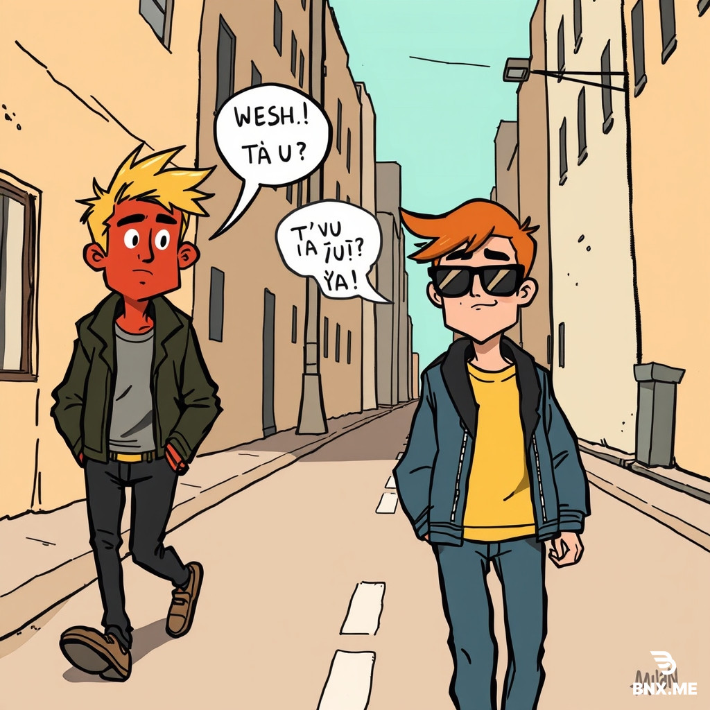 # ÉPISODE 1 — « LE PROBLÈME »  **Durée : 15 secondes**  **Style visuel :** reprendre exactement les deux personnages de l’image de référence, avec leurs proportions, leurs couleurs et leur style de dessin au feutre, contours noirs épais et textures dessinées à la main. Animation cartoon urbaine, ambiance décalée, expressions exagérées.  **0–4 secondes :** Les deux personnages marchent dans une rue déserte. Le personnage aux cheveux jaunes et au visage rouge avance tranquillement, l’air énervé. Celui aux cheveux orange et aux lunettes crie soudainement en regardant devant lui.  **Personnage orange :** « WESH ! T’AS VU ÇA ?! »  **4–8 secondes :** La caméra se rapproche de leurs visages. Le personnage jaune tourne lentement la tête, agacé.  **Personnage jaune :** « Quoi encore, toi ? »  **8–12 secondes :** Le personnage orange pointe du doigt un mystérieux sac noir posé au milieu de la rue. Le sac se met soudainement à trembler.  **Personnage orange :** « FRÈRE… LE SAC, IL BOUGE ! »  **12–15 secondes :** Gros plan sur le sac qui tremble de plus en plus. Un bruit étrange retentit. Les deux personnages reculent brusquement.  **Personnage jaune :** « …On se casse. »  **Fin :** coupure brutale au noir avec le texte français : « À SUIVRE… »