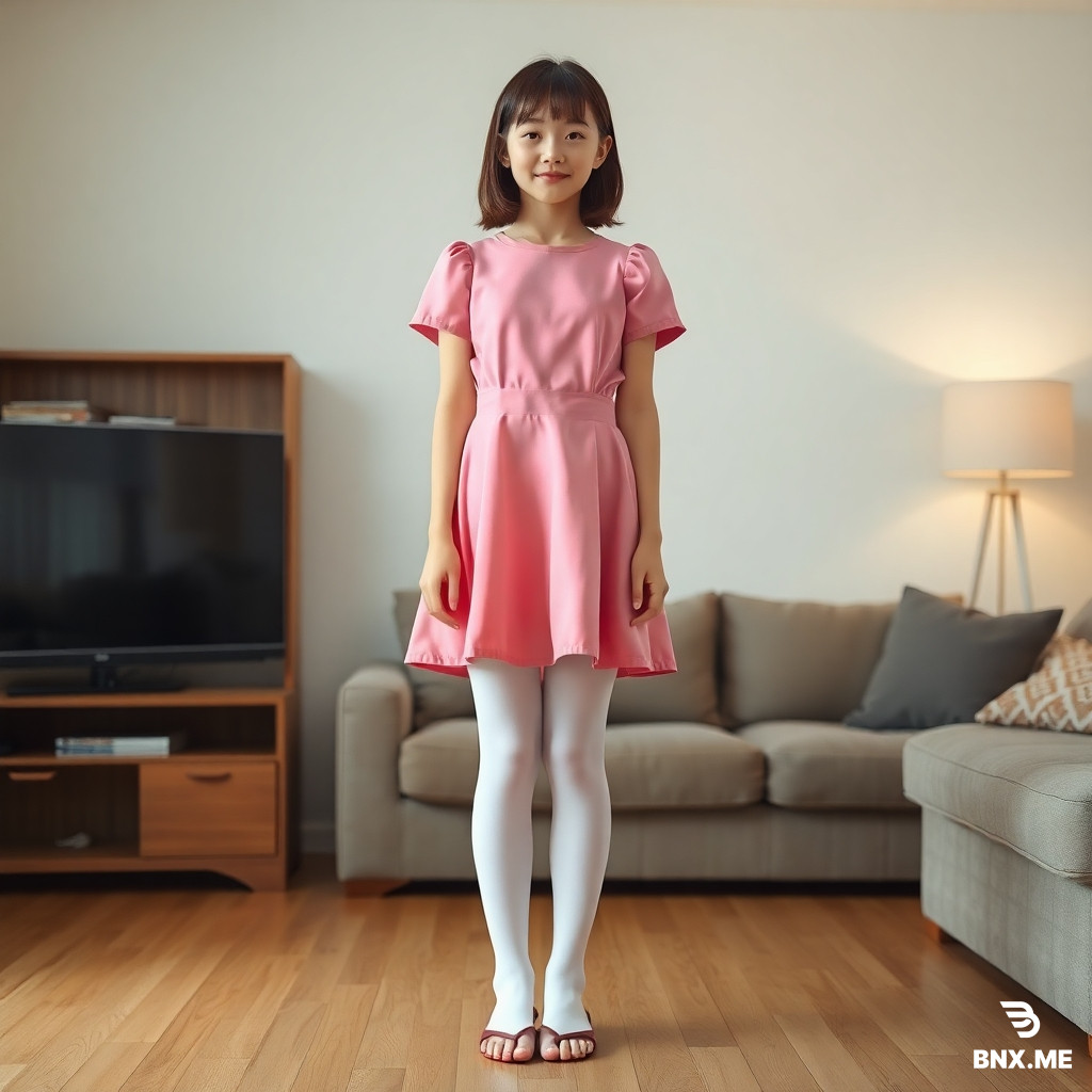 a full body & realistic photo of a japanese boy wear pink dress & white pantyhose standing in living room