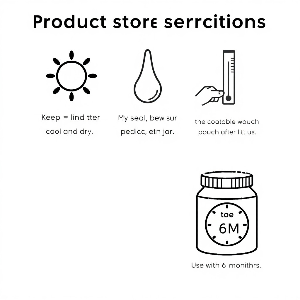 A set of 3 simple black line art icons for product storage instructions. First icon: a sun crossed out, a water drop crossed out, and a thermometer crossed out (keep cool and dry, away from sun and humidity). Second icon: a hand pressing down a resealable pouch or jar lid (seal tightly after use). Third icon: an open container with "6M" inside a small clock (use within 6 months of opening). Minimal, clean, instructional, white background, no extra decoration.