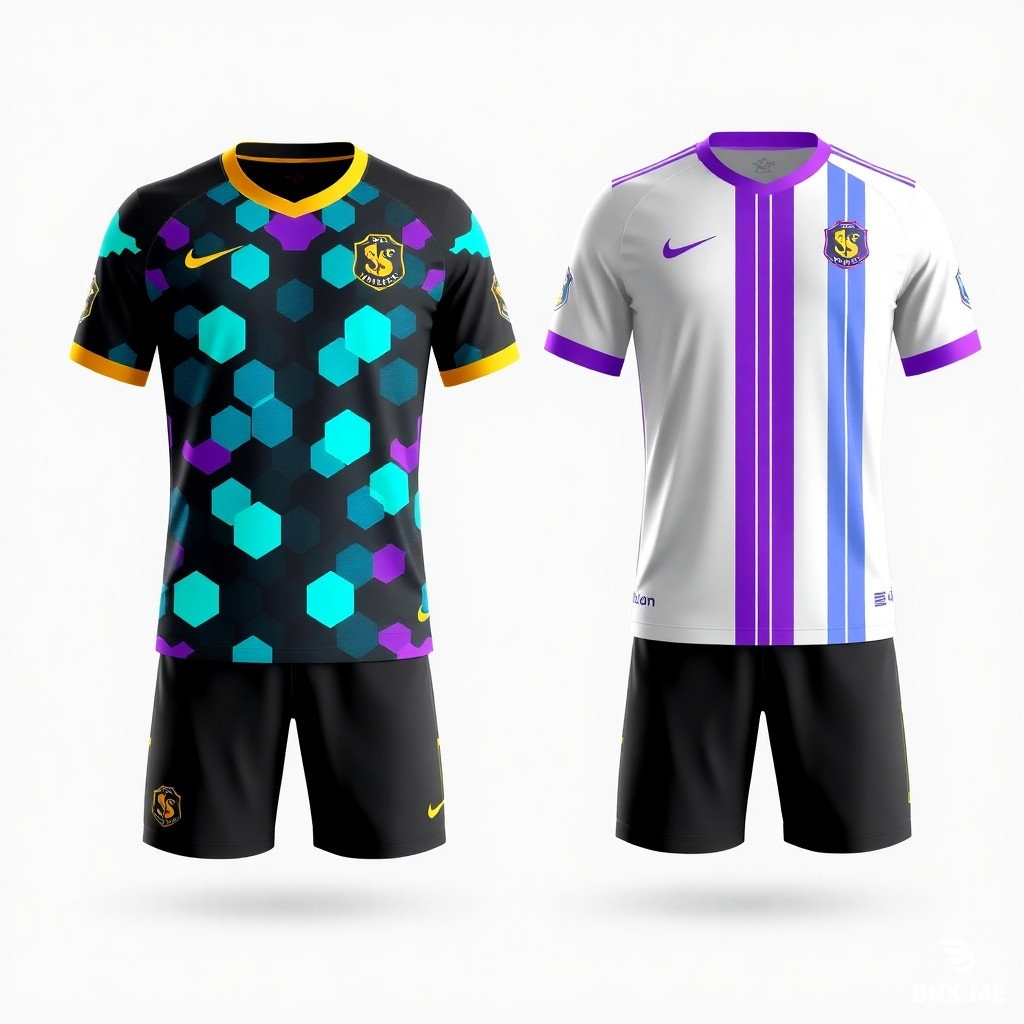 A modern football kit design for FC SYNTHETIKA. Home kit: Dark charcoal base with glowing cyan and purple hexagonal digital camo pattern, with golden trim on the sleeves and collar. The FC SYNTHETIKA logo on the chest. Away kit: Pure white with neon cyan and purple gradient stripes. The overall aesthetic is cyberpunk and futuristic.