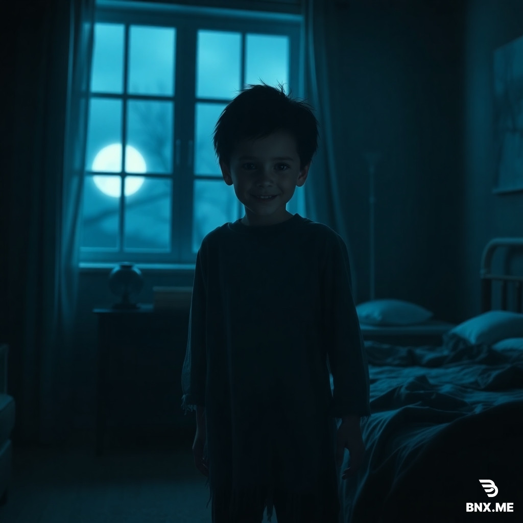 Create picture, Ghost boy standing beside bed in dark bedroom, tattered clothes, hollow face with faint smile, moonlight through window, man sleeping, cold blue tones, eerie, cinematic, photorealistic horror, 16:9.