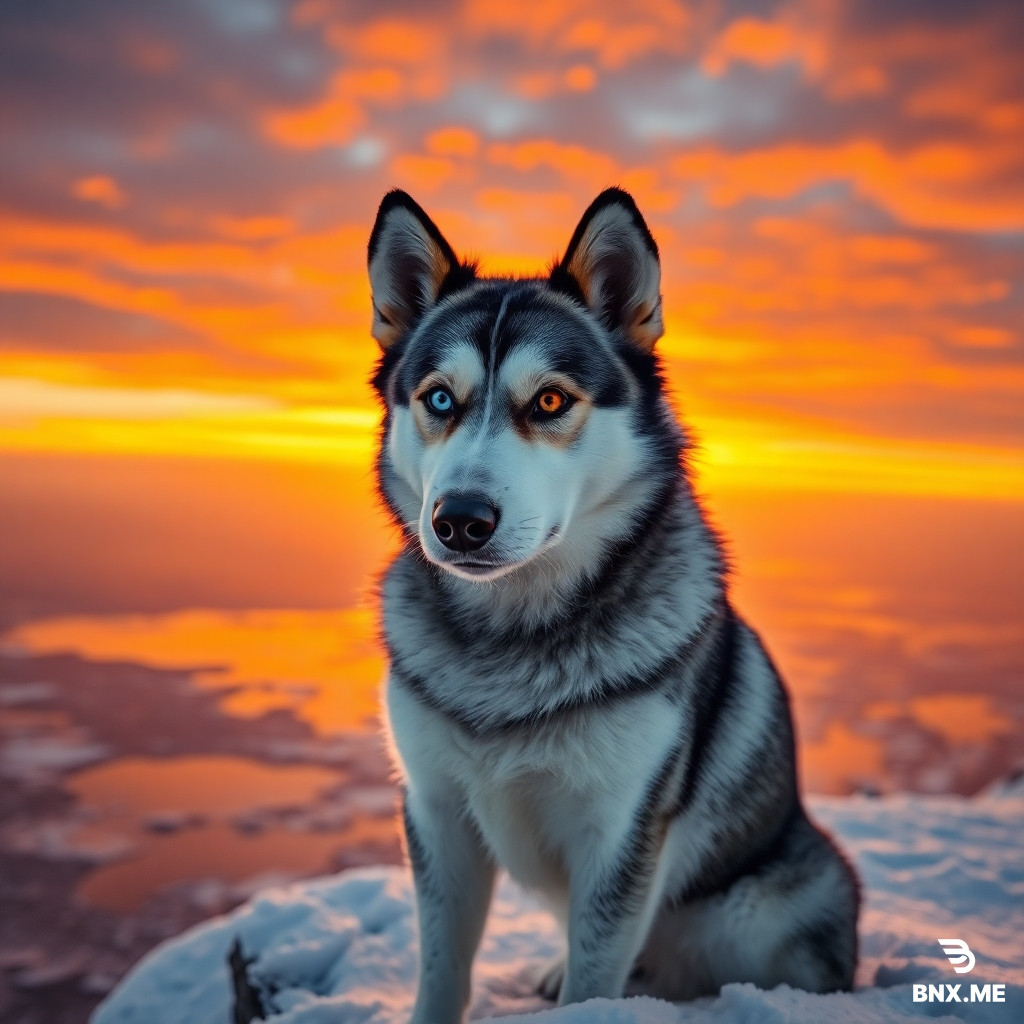 "A majestic Siberian Husky with heterochromia (one bright blue eye and one warm amber eye), sitting on a snowy cliff edge at golden hour. The background features a breathtaking sunset with vibrant orange and purple clouds reflecting off a frozen lake below. Ultra-realistic, highly detailed fur texture, cinematic lighting, 8k resolution, sharp focus, emotional and majestic atmosphere."