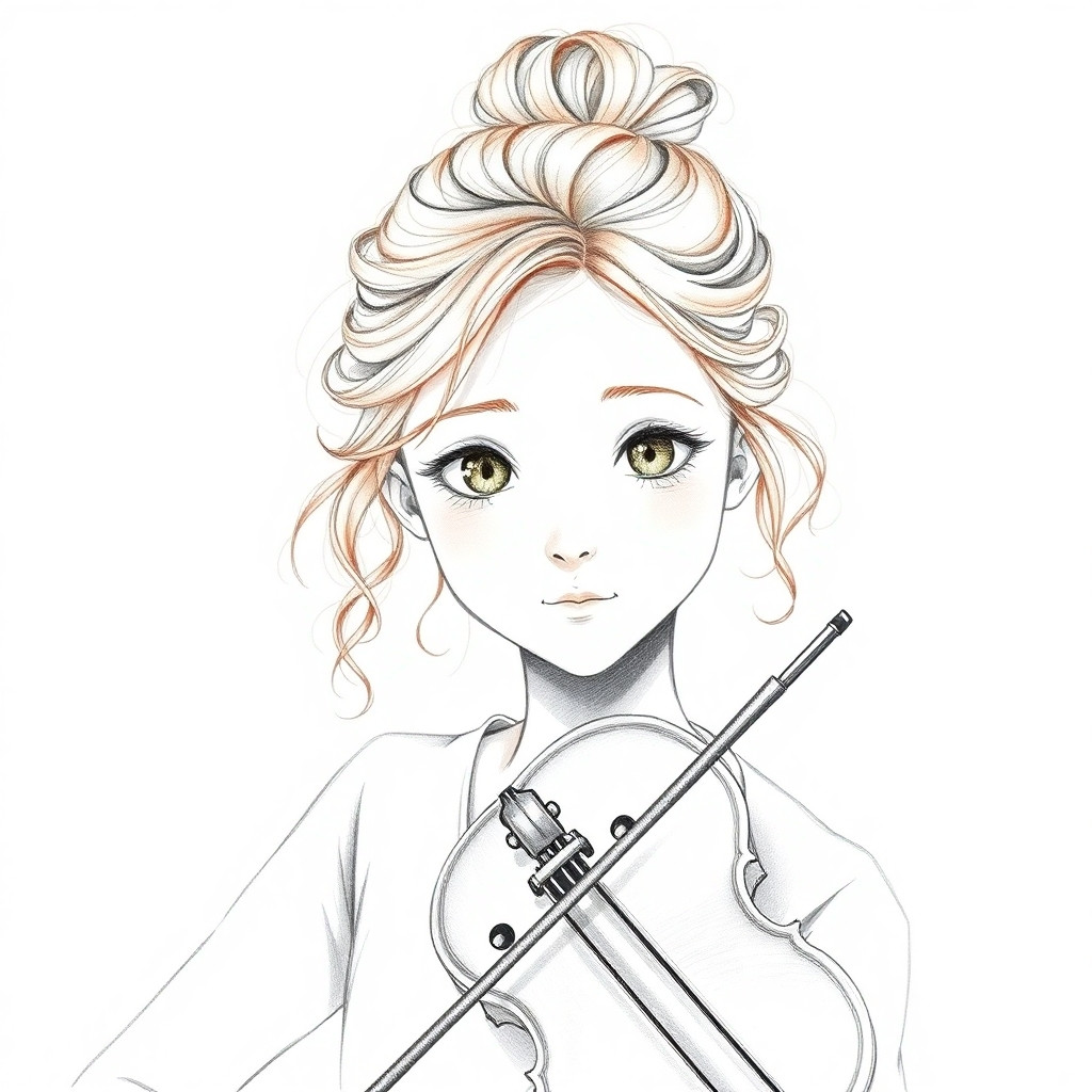 A 14-year-old girl with light reddish-brown wavy hair tied in a messy bun on top of her head. Very narrow, elongated face. Small, narrow green-hazel eyes. Pear-shaped body type, 160 cm tall. Playing the violin. Pencil sketch style, soft shading, realistic portrait drawing, fine lines, detailed graphite art, monochrome pencil illustration